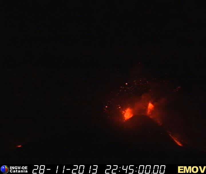 Eine der heftigen Explosionen am Neuen Südostkrater und Lavastrom an der Südflanke